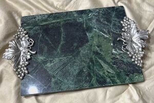 Vintage 1991 Seagull Pewter Grape Green Marble Cutting Charcuterie Board 9"x12"